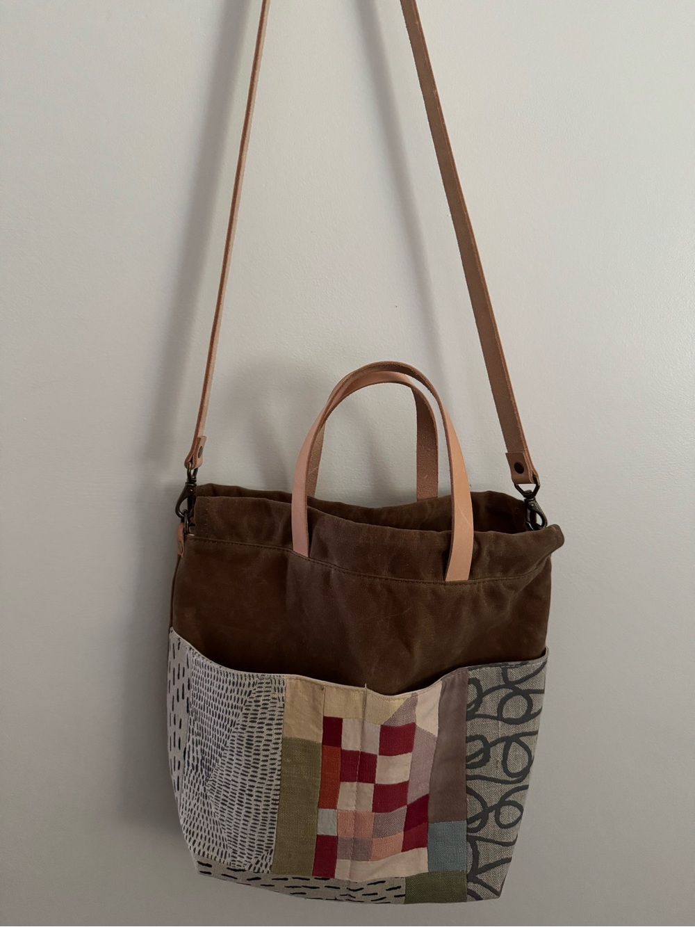 Bookhou Patchwork Canvas Tote Bag with Leather Straps